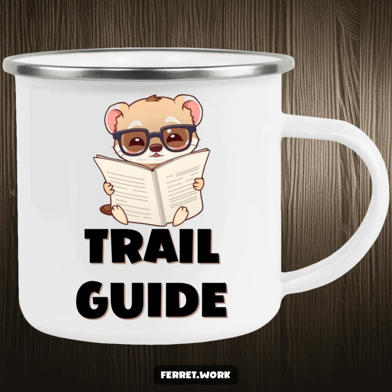 Funny camping mug with a ferret wearing glasses, amused by a large document, perfect for outdoor study sessions.