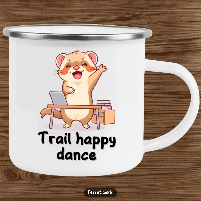 Funny ferret doing a jubilant happy dance at a small desk, depicted on a rugged camping mug for outdoor fun.