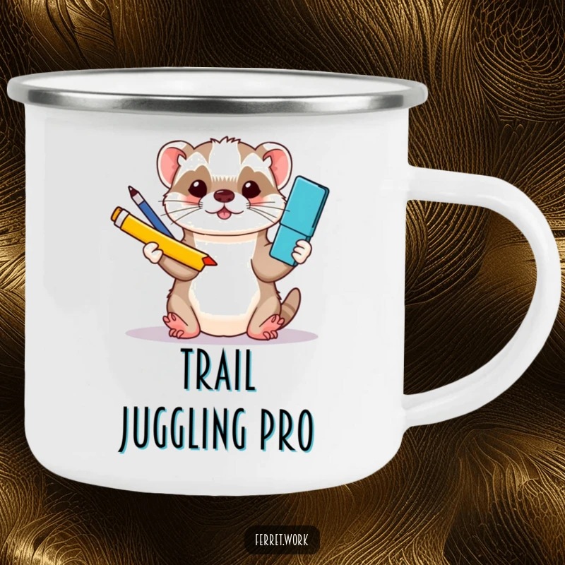 Funny kawaii office ferret juggling colorful office supplies with its paws, printed on a rugged camping mug.