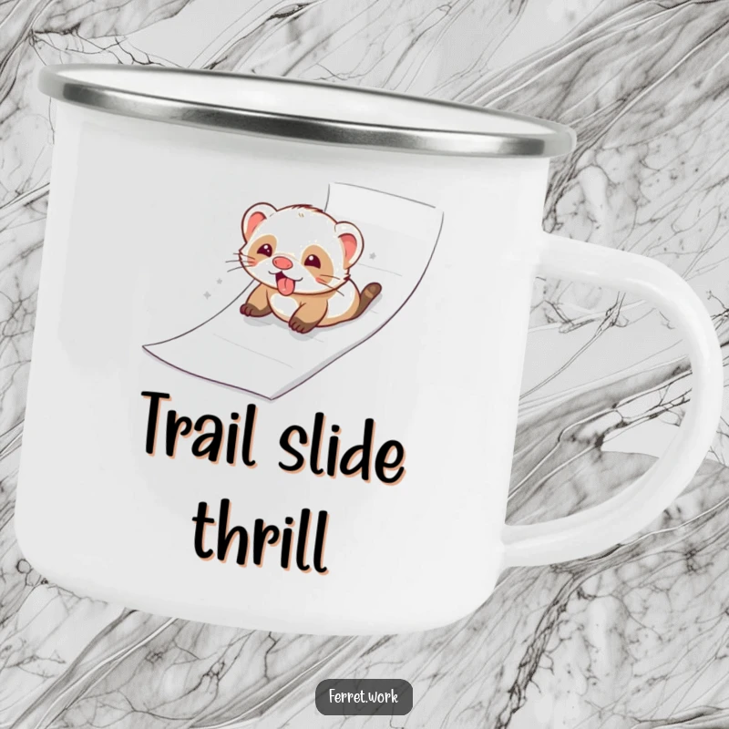 Ferret joyfully sliding down a ream of paper like a slide, on a durable camping mug for outdoor fun.