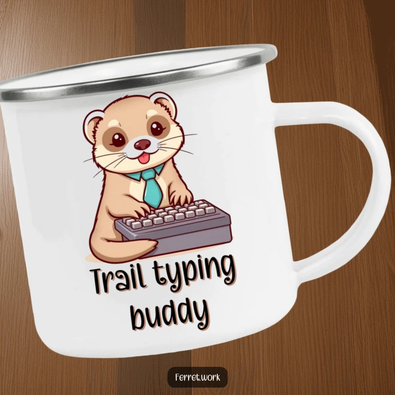 Funny ferret camping mug with a dapper ferret in a tie typing on a keyboard, durable and humorous.