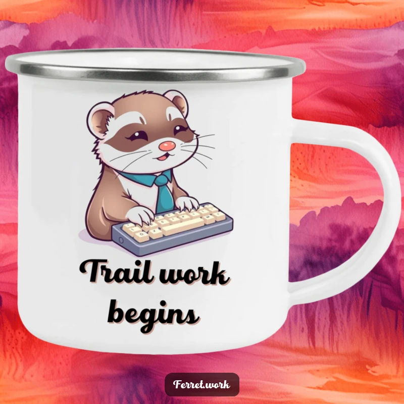 Funny ferret camping mug with a tie-wearing ferret typing on a keyboard, ready for outdoor productivity.