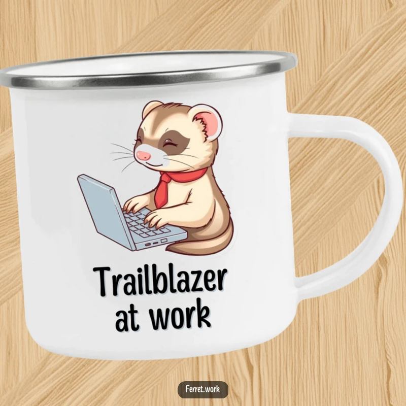 Funny ferret in a tie, typing enthusiastically on a laptop, on a durable camping mug for outdoor office humor.