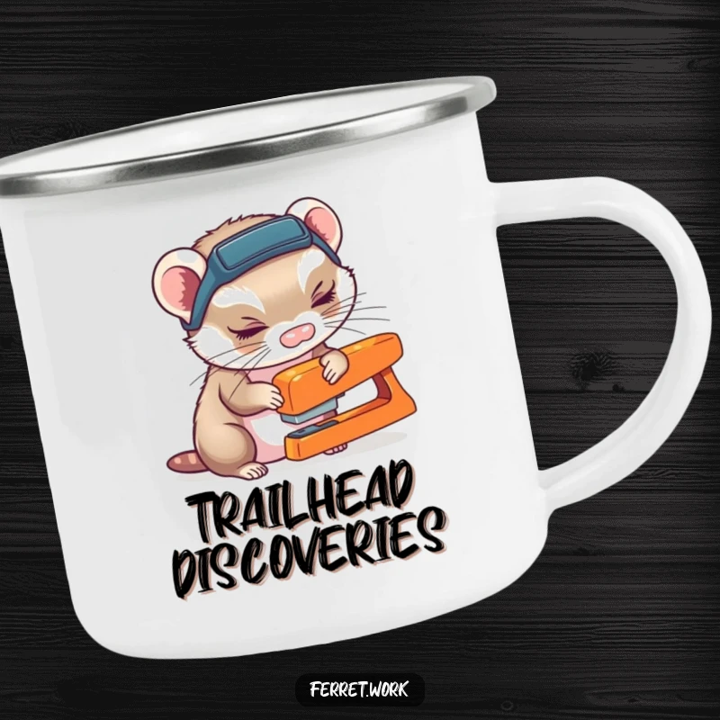 Funny ferret wearing a headlamp, curiously sniffing a stapler, on a durable camping mug for outdoor investigation.