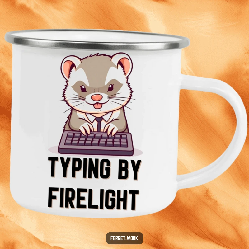 Funny kawaii office ferret typing furiously on a tiny keyboard on a durable, funny camping mug.
