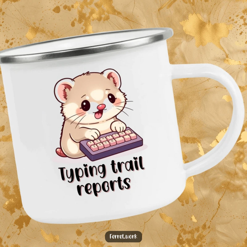 Funny Camping Mug with a kawaii ferret enthusiastically typing on a tiny keyboard with its paws, perfect for cute adventures.