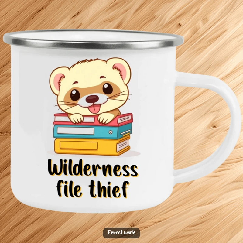 Funny ferret camping mug: enamel mug with a mischievous ferret peeking from office files, ideal for playful outdoor moments.