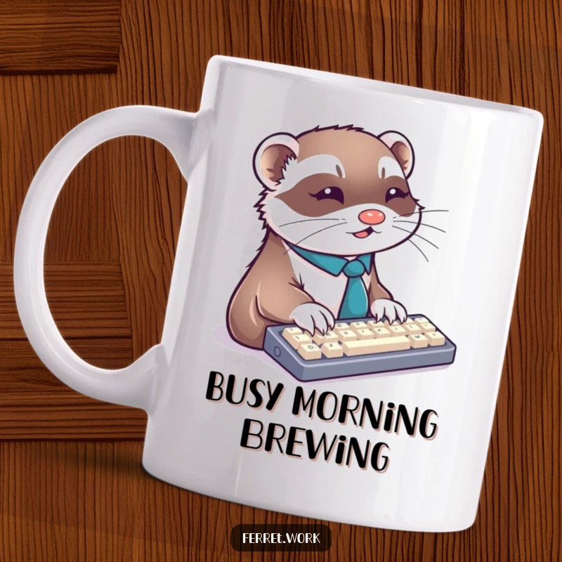 Funny ferret mug depicting a determined ferret wearing a tiny tie, typing furiously on a computer keyboard.