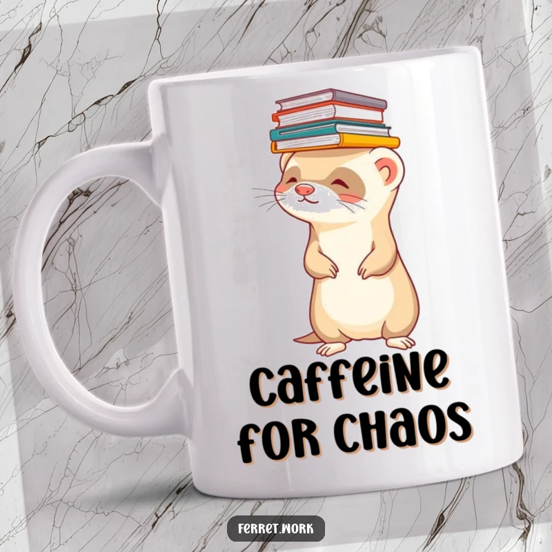 Funny ferret mug showing a ferret precariously balancing a tall stack of files on its head. Office humor pet.