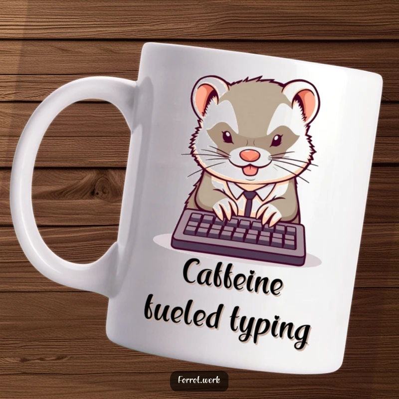 Funny kawaii office ferret typing furiously on a miniature keyboard with intense focus, depicted on a humorous mug.