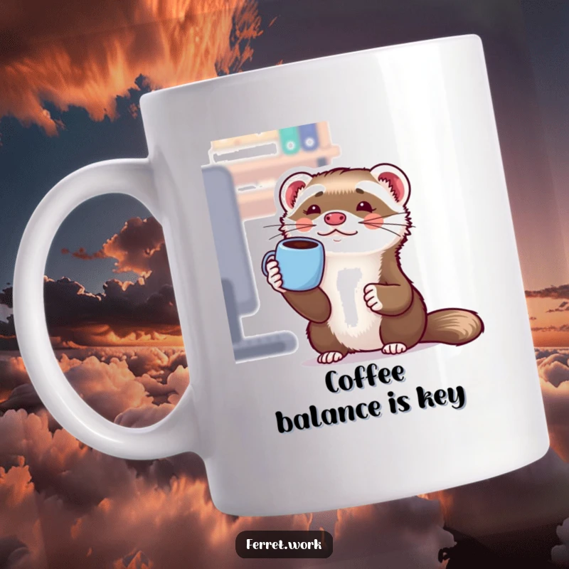Funny Kawaii Office Ferret Mug: A cute ferret hilariously tries to balance a coffee mug on its tiny nose, showcasing office struggles.