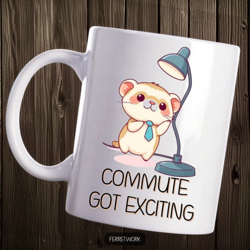 Funny kawaii office ferret wearing a tiny tie, sliding down a desk lamp cord with glee, on a mug.