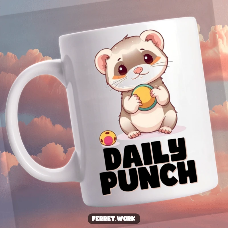 Funny mug showing a ferret playfully interacting with a hole punch, treating it as a toy, a humorous office mishap.