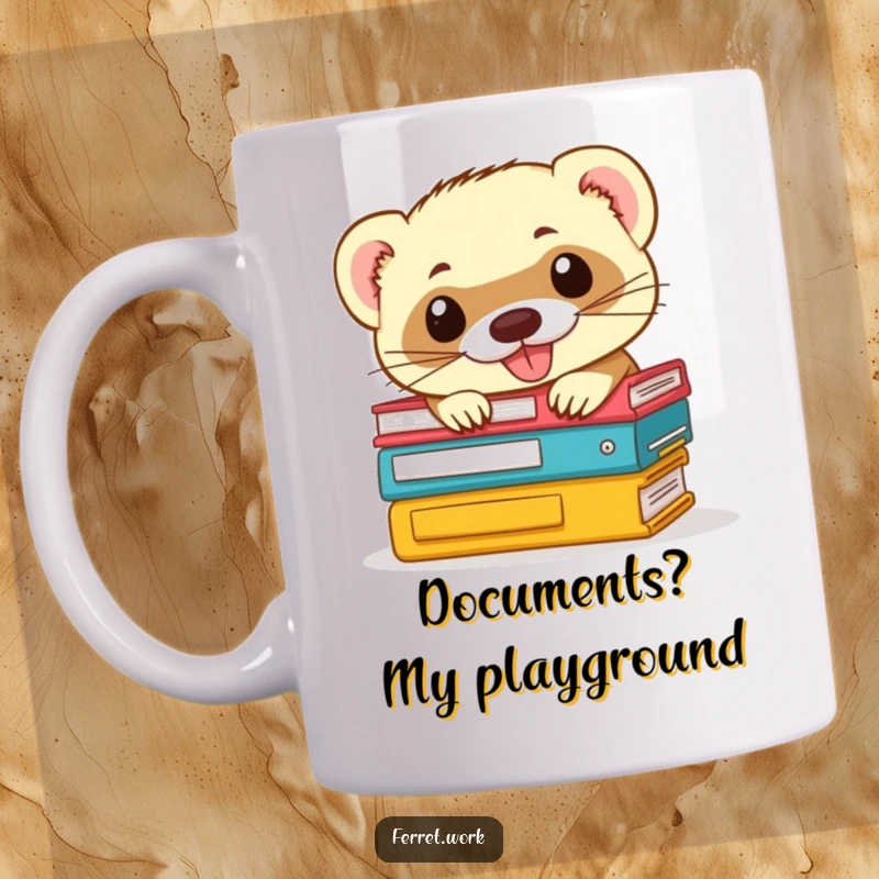 Funny ferret mug: a mischievous ferret with a grin peeks out from behind a towering stack of office files and paperwork.