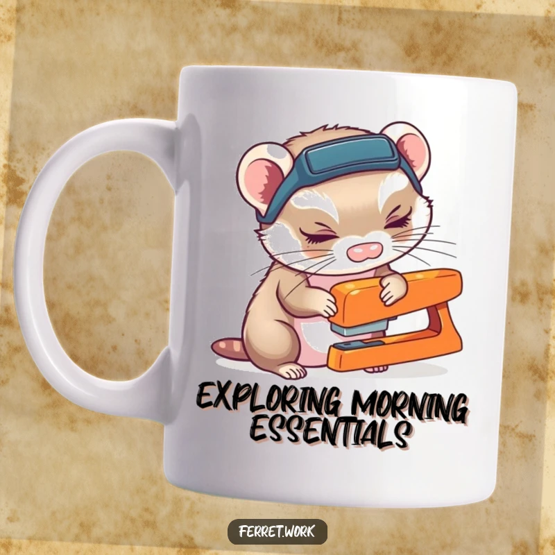 Funny ferret wearing a headlamp, curiously sniffing a stapler with intense focus, on a coffee mug.