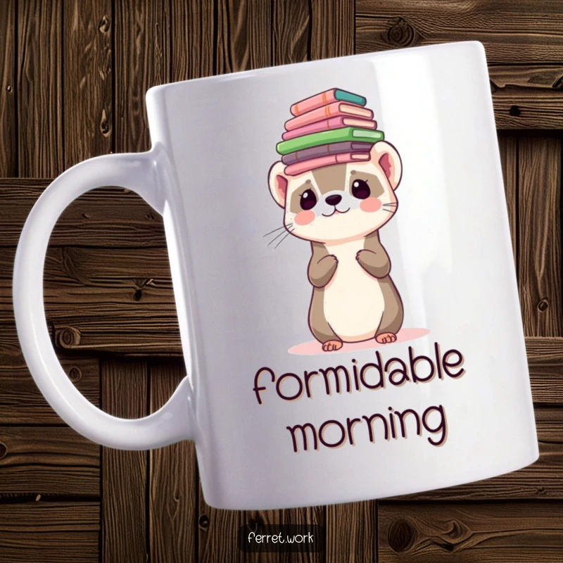 Funny ferret character balancing a daunting stack of forms on its head, illustrating office overwhelm.