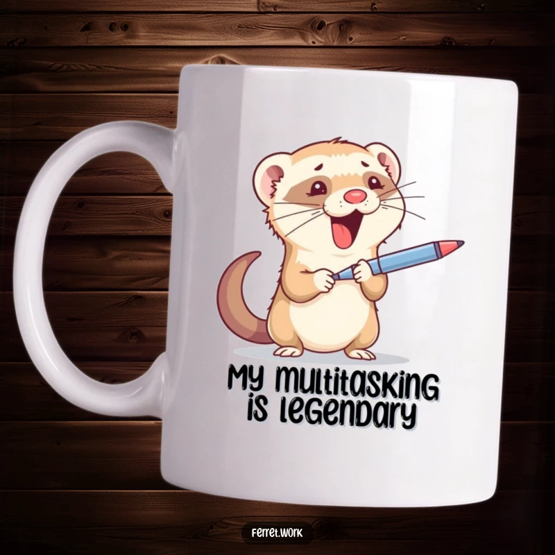 Funny mug: Busy ferret expertly juggling a pen and stapler, looking stressed yet determined in an office setting.