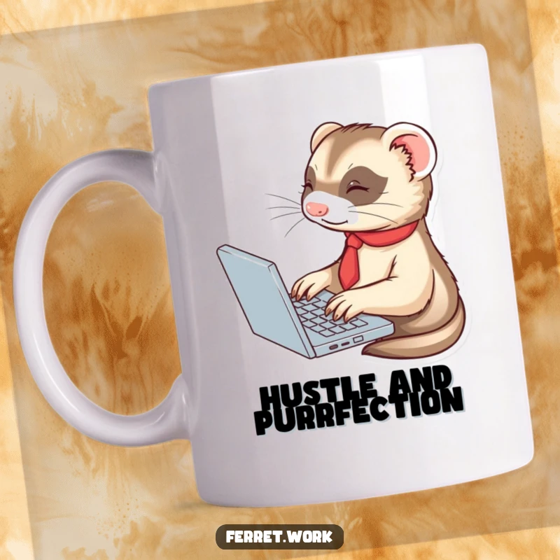Funny, cute ferret wearing a tiny tie and enthusiastically typing away on a laptop, depicted on a coffee mug.