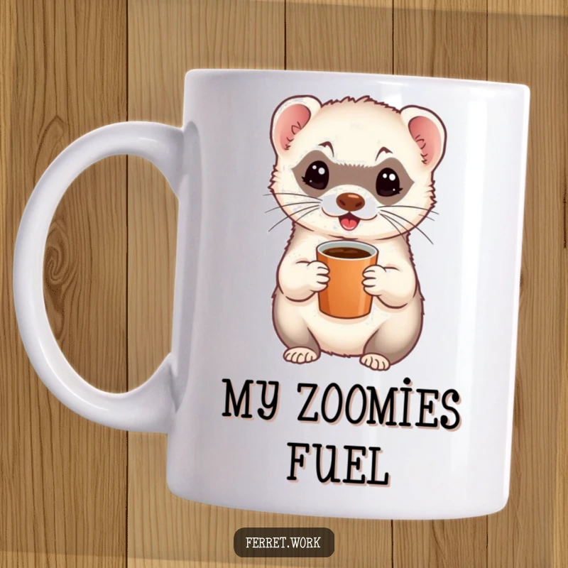 Funny ceramic mug featuring an energetic ferret clutching a tiny coffee cup, ready for a caffeine-fueled adventure.