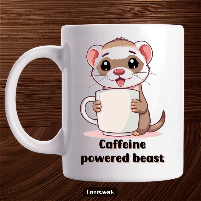 Funny ferret mug with a comically large coffee cup, looking extremely energized and ready to go.