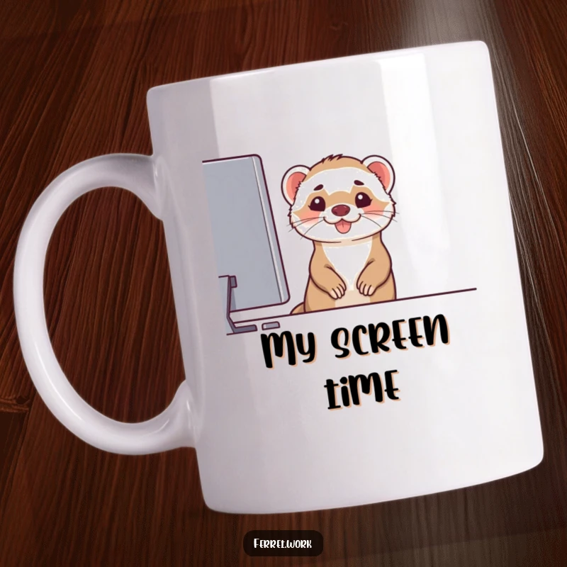 Funny mug featuring a sneaky ferret peeking from behind a computer monitor with a wide, cheeky grin, perfect for tech humor, funny gift.