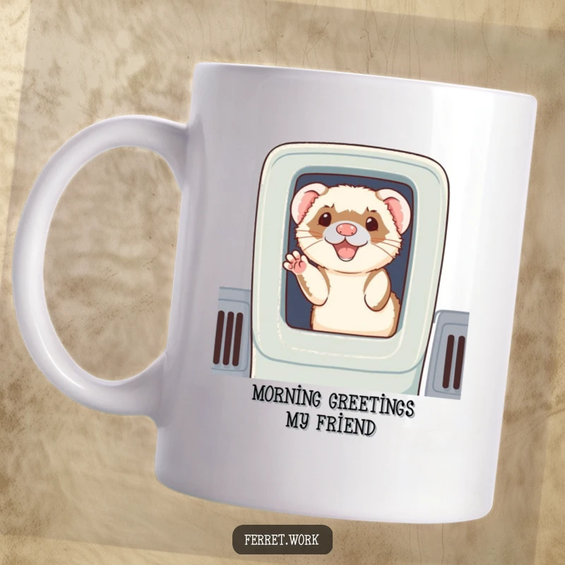 Funny mug: A happy ferret peeking cheerfully over a cubicle wall and waving, symbolizing friendly office interactions.