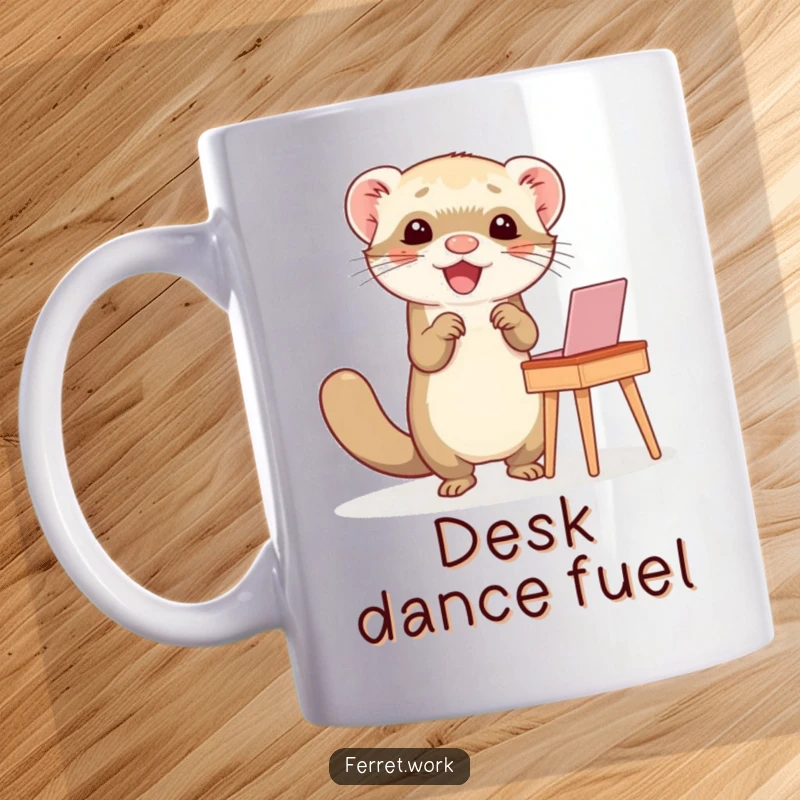 Funny mug with a ferret doing a happy dance at a small desk, embodying pure joy and energetic celebration.
