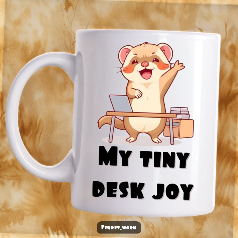 Funny ferret doing a joyful happy dance at a tiny desk, full of energy and excitement, perfect for office humor.