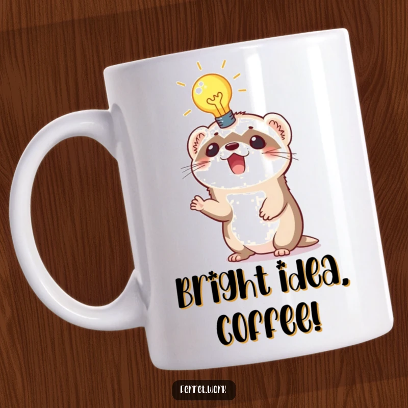 Funny mug featuring an excited ferret with a brightly illuminated lightbulb above its head, symbolizing a brilliant idea.