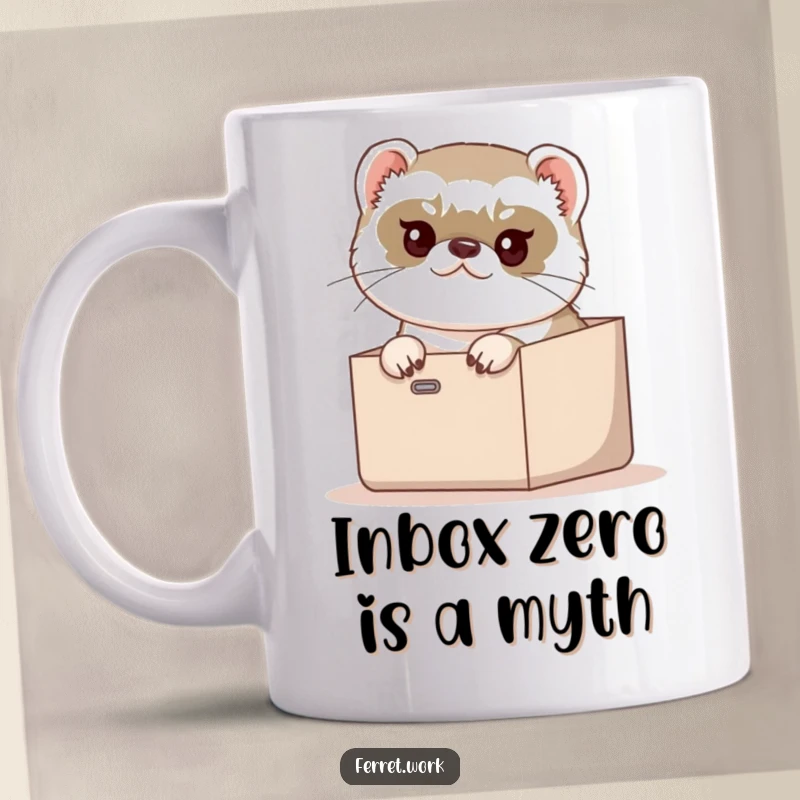 Funny mug: A determined ferret squeezed into a miniature inbox, showcasing relatable work chaos and humor.