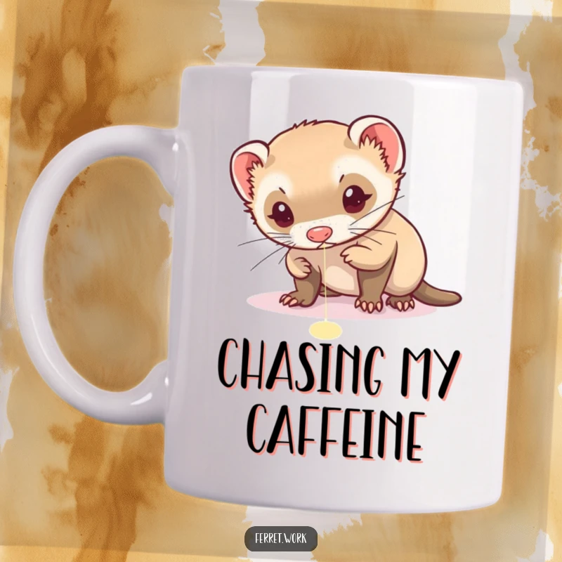 Funny mug featuring a ferret intensely focused on chasing a red laser pointer dot, capturing its determined hunting spirit.