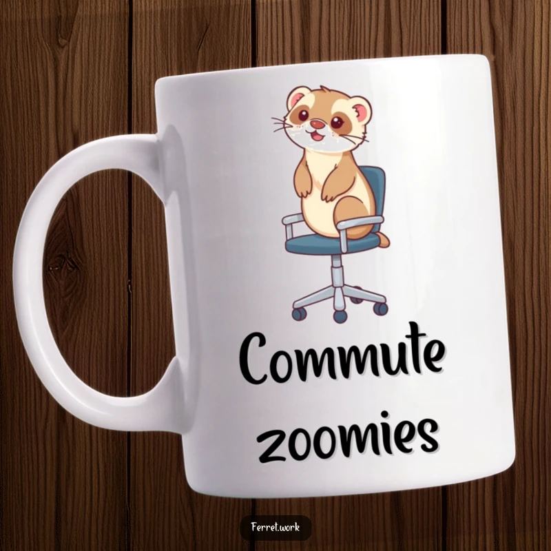 Funny mug showing a ferret gleefully riding on top of a rolling office chair, a hilarious office escapade.