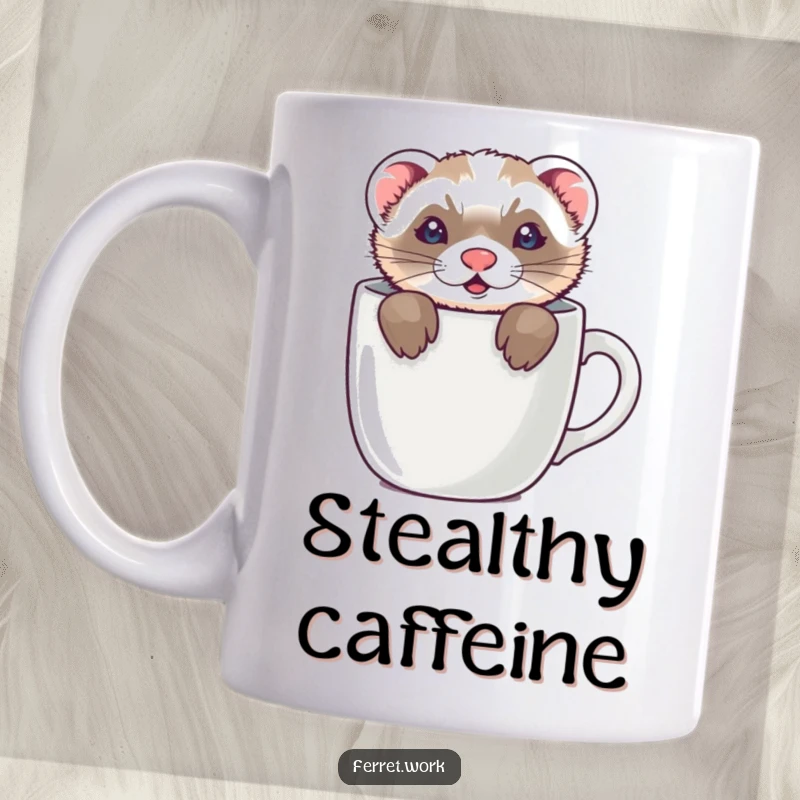 Funny mug showing a ferret peeking out of a coffee mug, only its ears visible, a cute and humorous surprise.