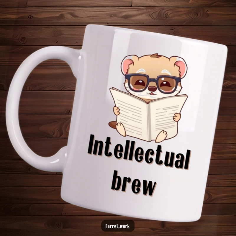 Funny mug showing a ferret wearing glasses, engrossed in and amused by a very large document, a comical scholar.