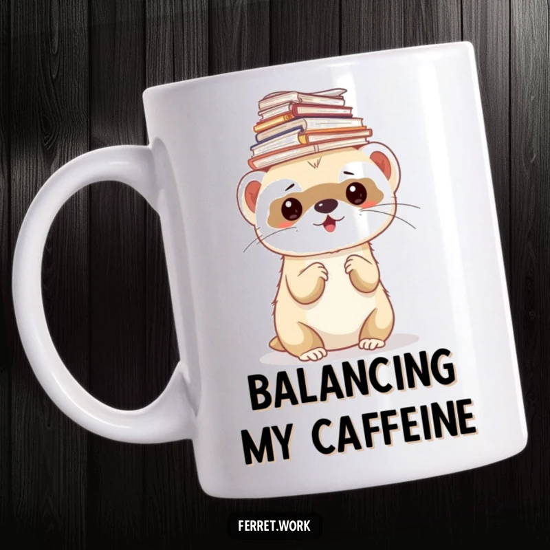 Funny ferret mug showing a ferret struggling to balance a tall stack of papers precariously on its head.