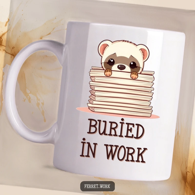 Funny ferret mug with a shy ferret peeking over a huge stack of papers, relatable office humor.