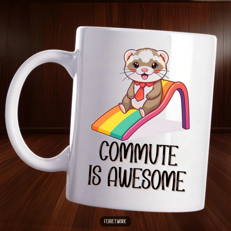 Funny ferret mug, a ferret in a tiny tie sliding gleefully down a rainbow-colored office slide.
