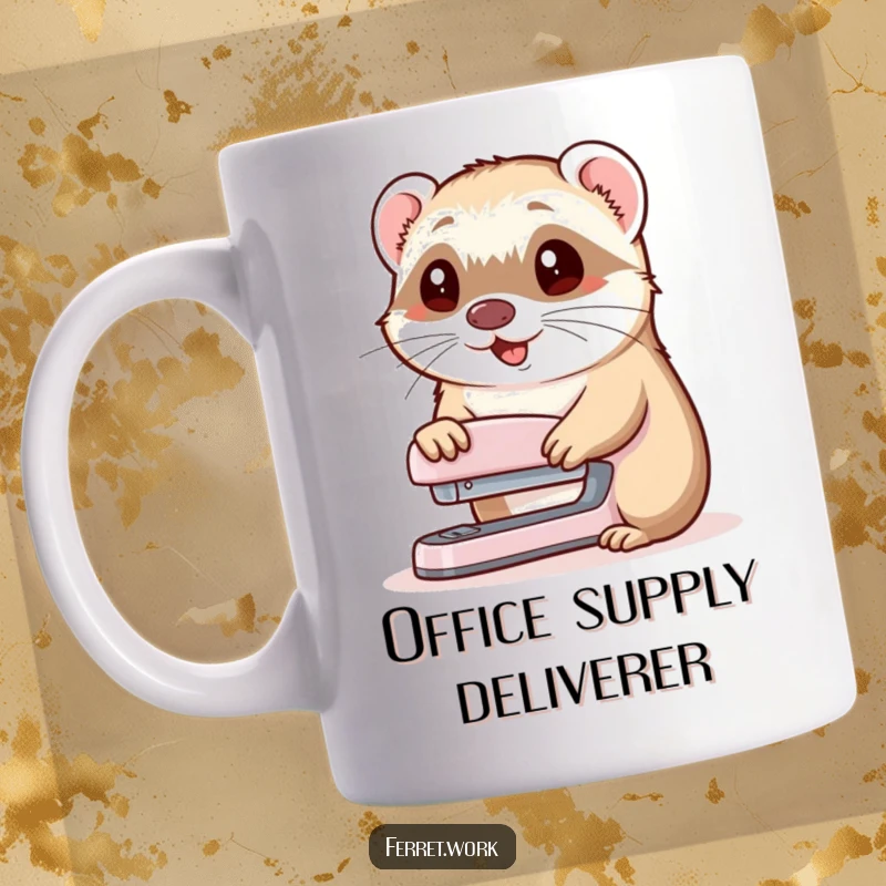 Funny mug with a cheerful ferret offering a stapler with a polite nod, embodying helpful office humor.