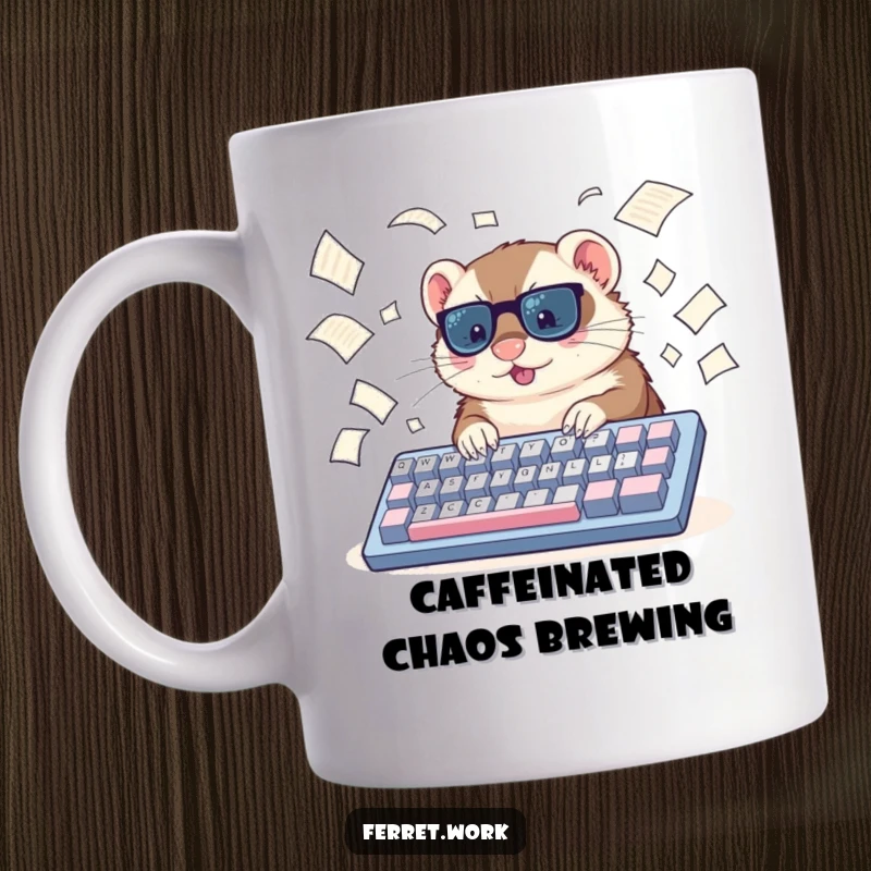 Funny ferret mug showing a busy ferret typing furiously on an oversized keyboard amidst a flurry of floating papers.