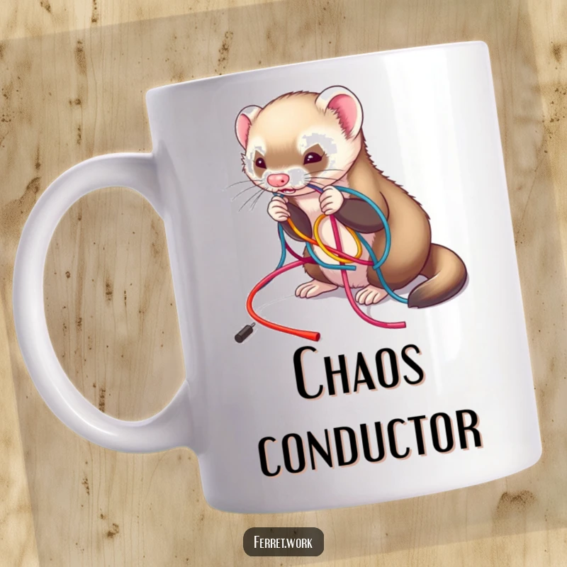 Funny mug featuring a ferret playfully untangling a colorful mess of wires, embodying chaotic fun and problem-solving, funny gift.