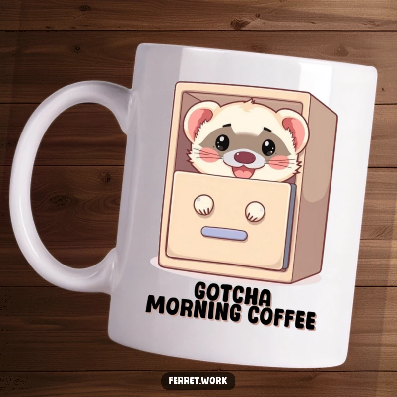 Funny mug showing a mischievous ferret peeking out from an open filing cabinet with a wide, happy grin.