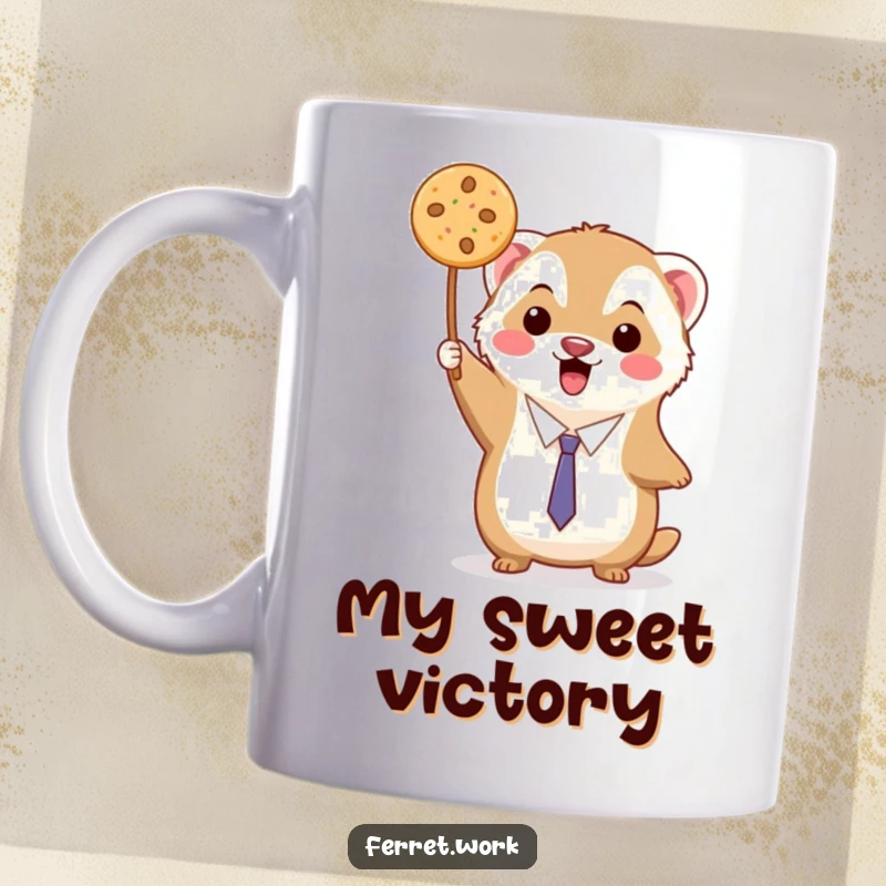 Funny kawaii office ferret triumphantly holding up a single, delicious cookie with pride, on a mug.