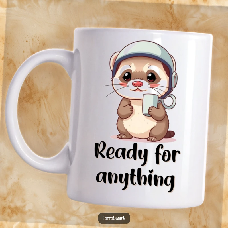 Funny kawaii office ferret wearing a coffee mug as a tiny helmet, looking determined and ready, on a mug.