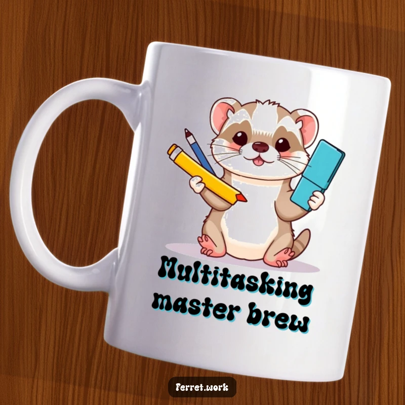 Funny kawaii office ferret skillfully juggling pens, paperclips, and a stapler with its paws, on a mug.