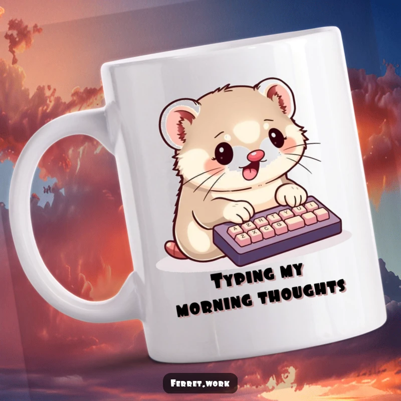 Funny Mug featuring a kawaii ferret enthusiastically typing on a tiny keyboard with its paws, cute and busy.