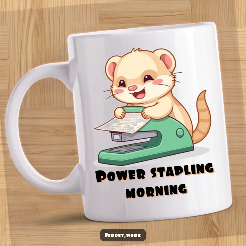 Funny kawaii office ferret joyfully stapling papers with a comically large, oversized stapler, looking determined and happy.