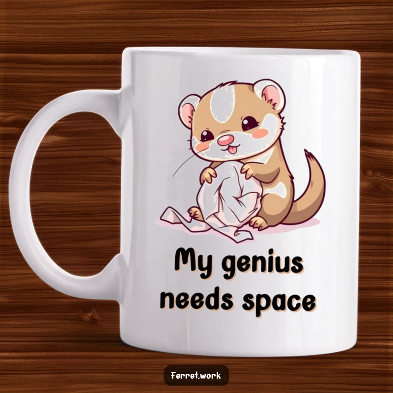 Funny kawaii office ferret creating a chaotic mess with a crumpled paper ball, looking mischievous on a mug.