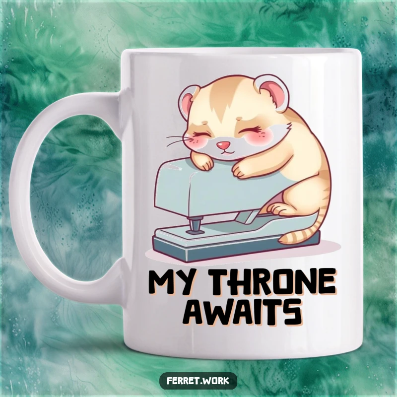 Funny kawaii office ferret peacefully napping on a comically oversized stapler, embodying workplace exhaustion. A relatable and humorous design.