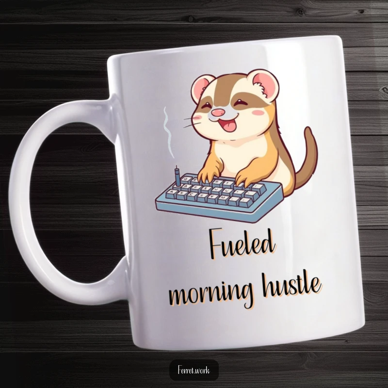 Funny Office Ferret Mug: A kawaii ferret gleefully types on a smoking keyboard, a humorous take on office work.