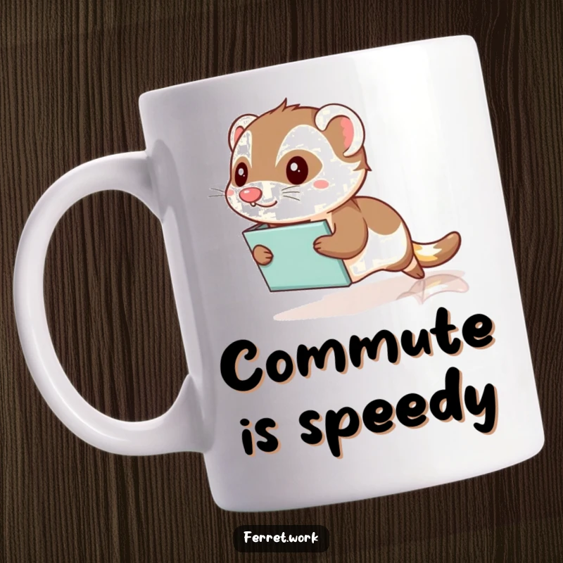 Funny Kawaii Office Ferret Mug: A cute ferret comically slides across a shiny floor on a file folder, showcasing office fun.
